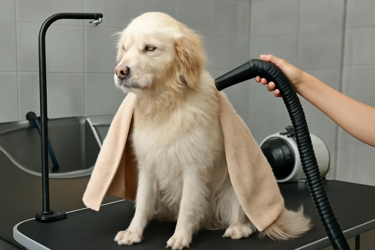 Schonendes Föhnen eines Hundes bei der professionellen Fellpflege